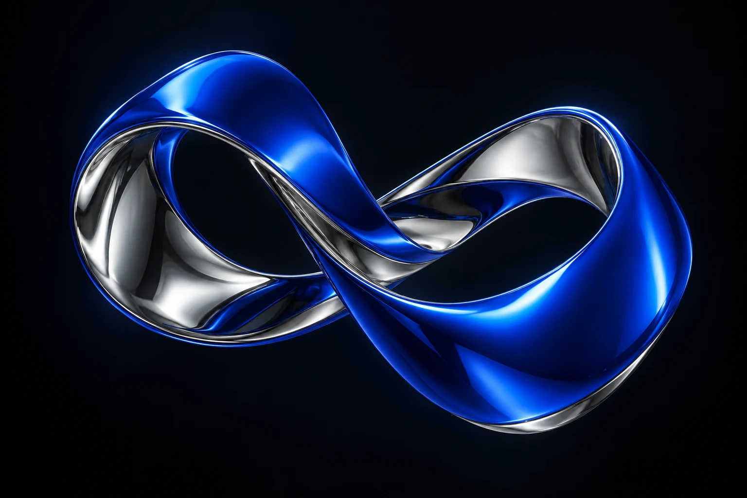Escultura abstrata em azul e metal, formada por curvas contínuas